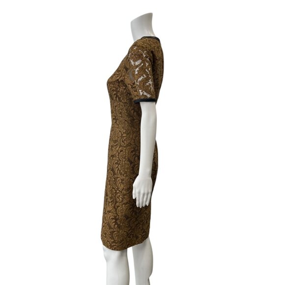 Burberry Camel Gold Lace Leather Trim Short Dress size 4/IT 38 - Picture 3 of 8
